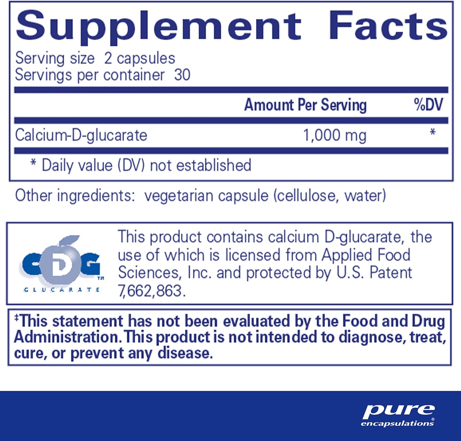 Pure Encapsulations Calcium D-Glucarate dietary supplement bottle with 60 capsules, supporting cellular detox and balance.