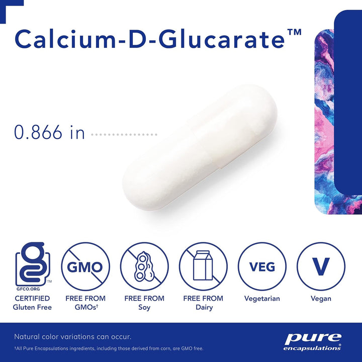 Pure Encapsulations Calcium D-Glucarate dietary supplement bottle with 60 capsules for cellular detox support.