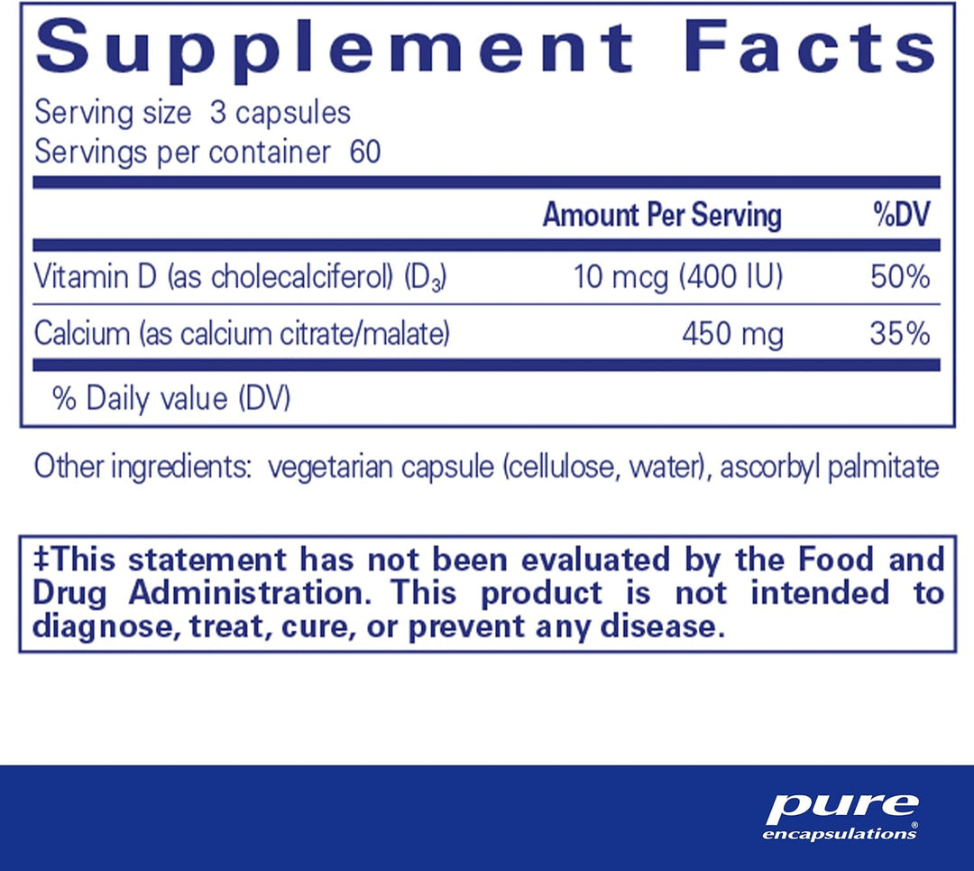 Pure Encapsulations Calcium D3 dietary supplement bottle with 180 capsules supporting bone, heart, and colon health.