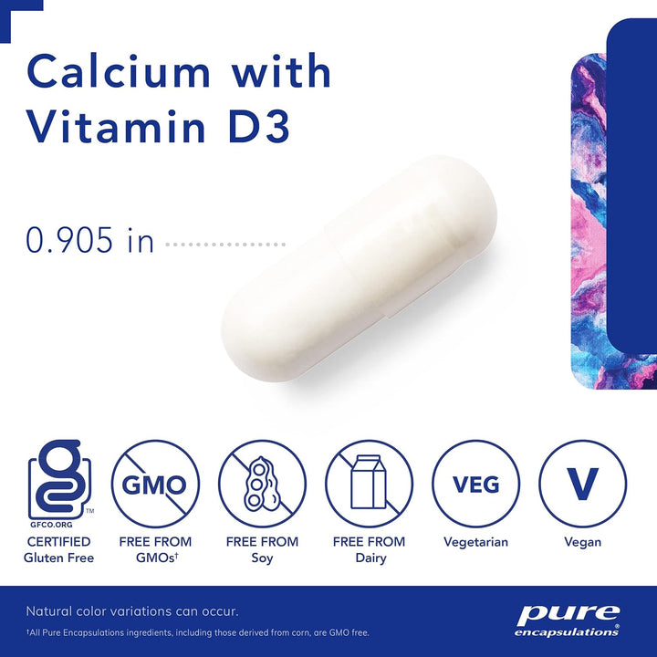 Pure Encapsulations Calcium D3 dietary supplement bottle with 180 capsules, supports bone, heart, and colon health.
