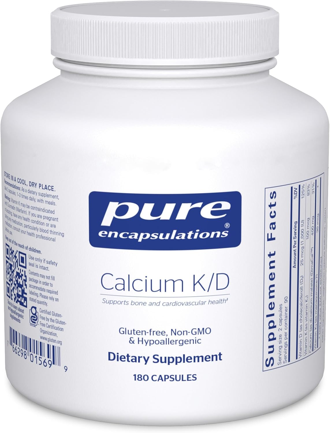 Pure Encapsulations Calcium K/D dietary supplement capsules supporting bone and immune health, 180 capsules.