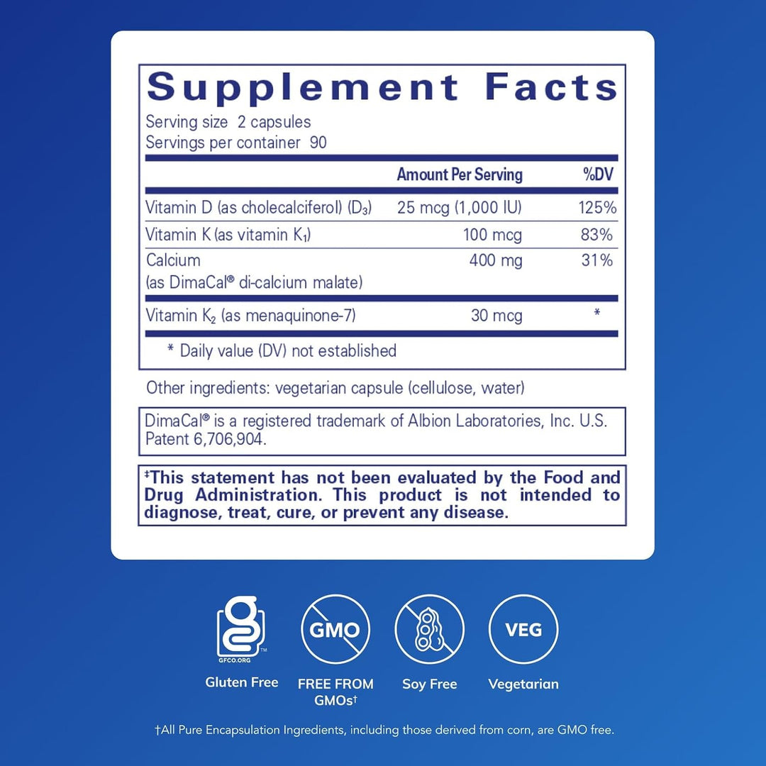 Pure Encapsulations Calcium K/D dietary supplement bottle with 180 capsules supporting bone and immune health.