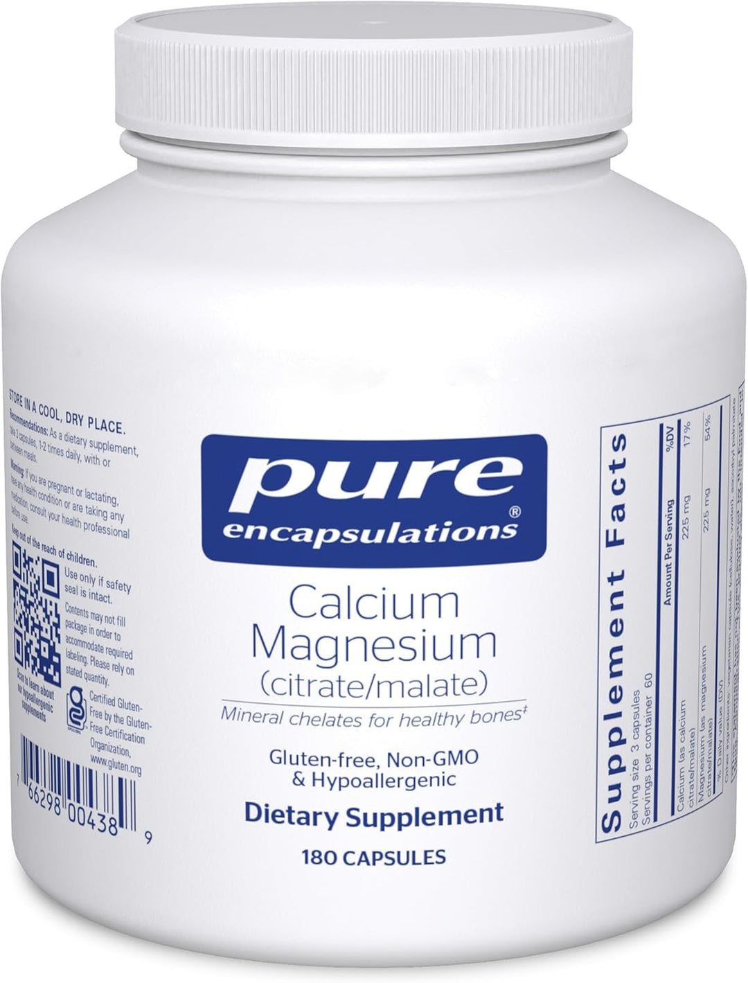 Pure Encapsulations Calcium Magnesium dietary supplement capsules for bone health, displayed in a bottle.