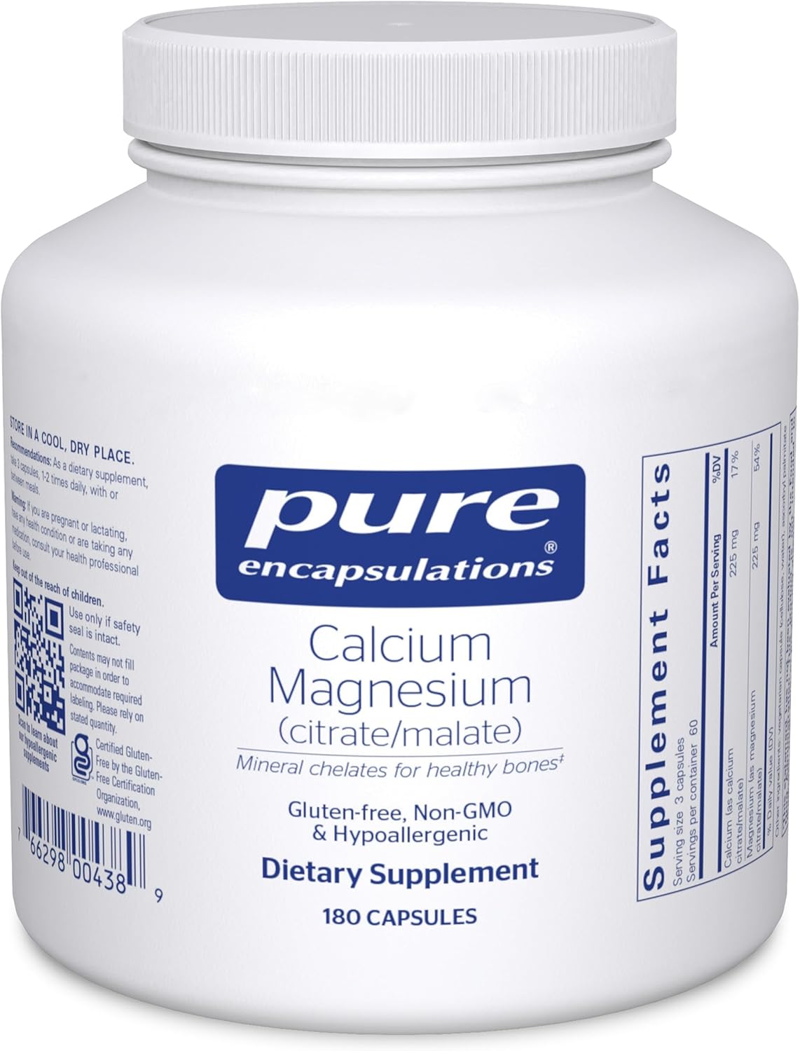 Pure Encapsulations Calcium Magnesium dietary supplement capsules for bone health, displayed in a bottle.