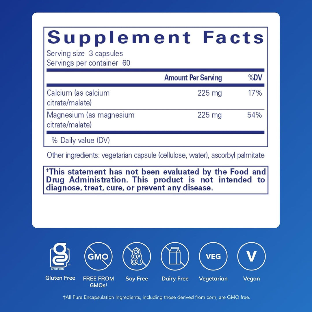 Pure Encapsulations Calcium Magnesium dietary supplement bottle with 180 capsules for supporting bone health.