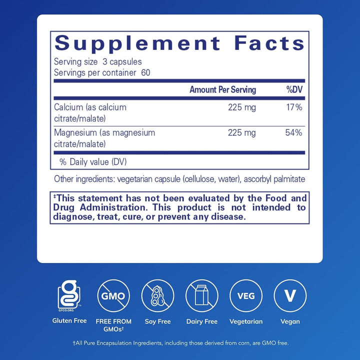 Pure Encapsulations Calcium Magnesium dietary supplement bottle with 180 capsules for supporting bone health.
