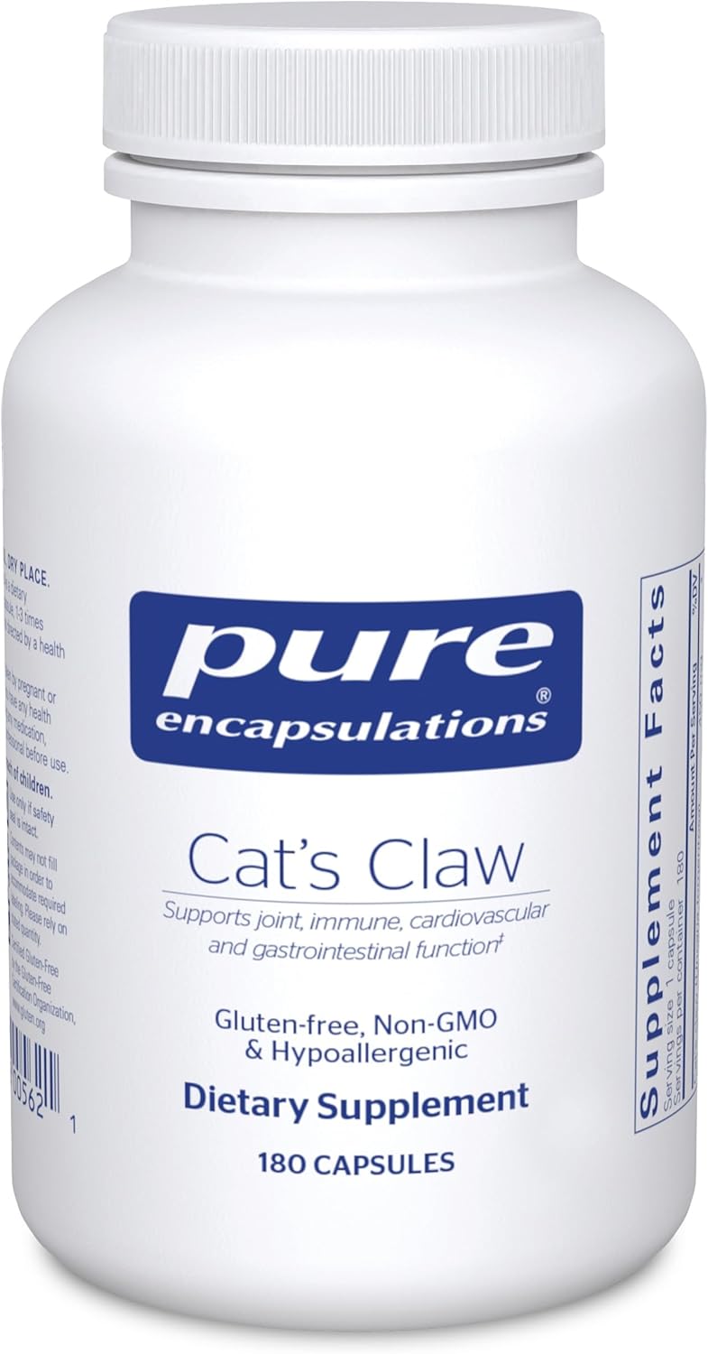 Pure Encapsulations Cats Claw dietary supplement capsules supporting immune and joint health, shown in a bottle.
