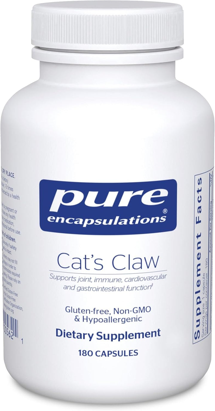 Pure Encapsulations Cats Claw dietary supplement capsules supporting immune and joint health, shown in a bottle.