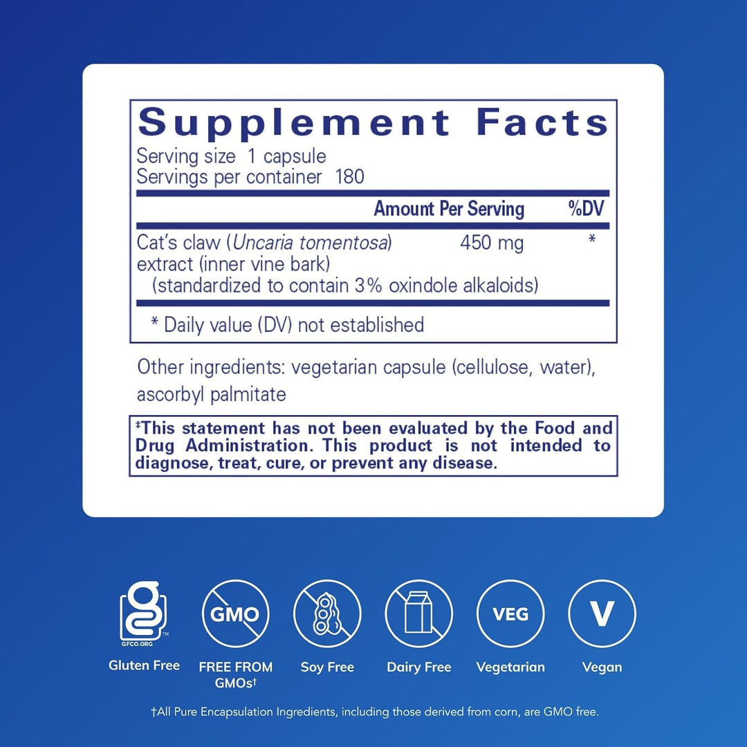 Pure Encapsulations Cats Claw dietary supplement capsules supporting immune and joint health, shown in a bottle with capsules.