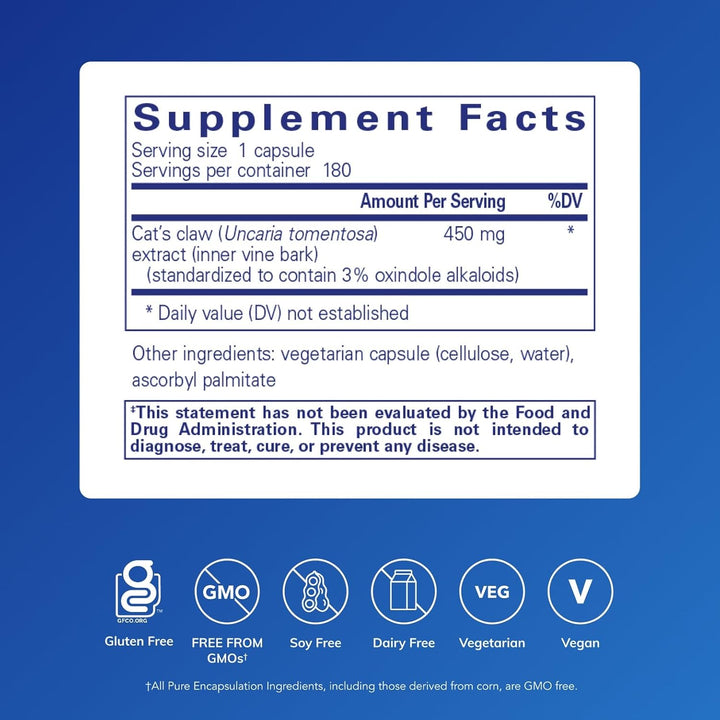Pure Encapsulations Cats Claw dietary supplement capsules supporting immune and joint health, shown in a bottle with capsules.