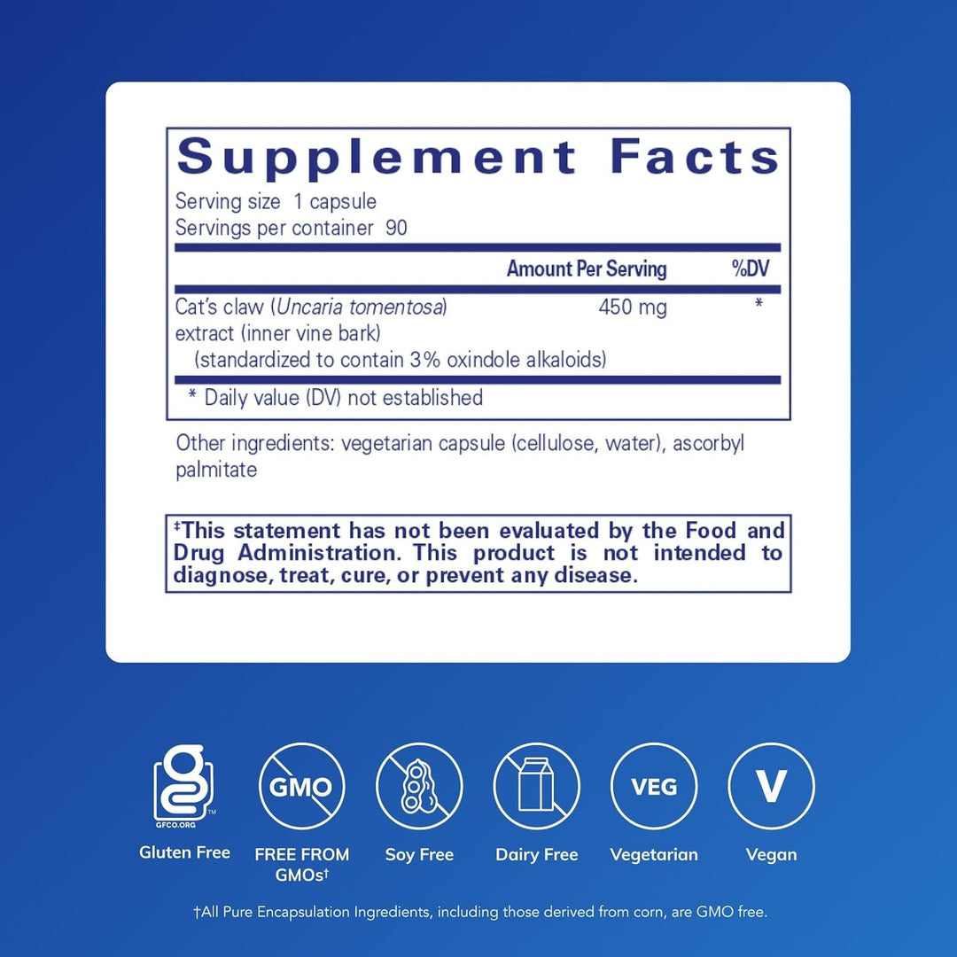 Pure Encapsulations Cats Claw dietary supplement capsules supporting joint and immune health, 90 capsules in bottle.
