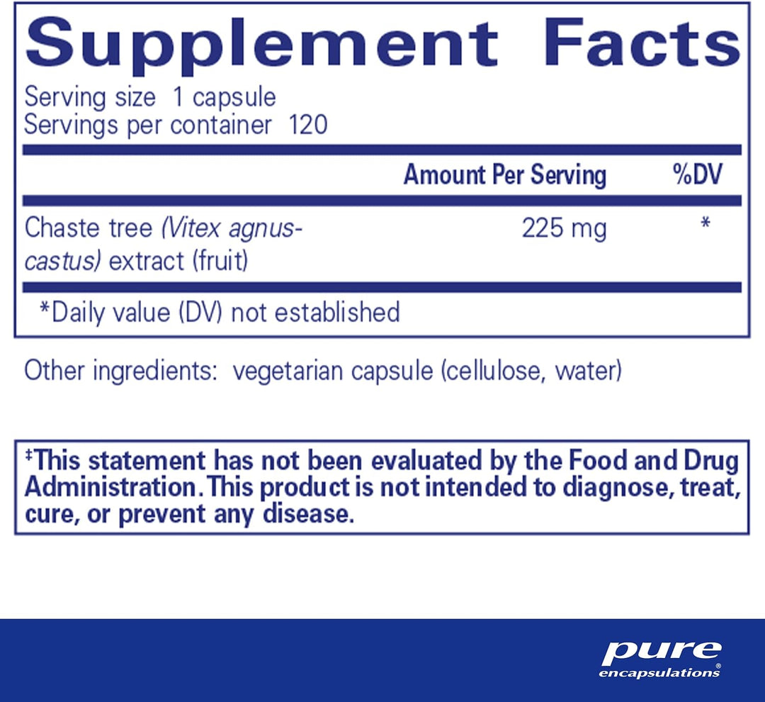 Pure Encapsulations Chaste Tree Vitex dietary supplement bottle with 120 capsules for hormonal balance and cycle comfort.