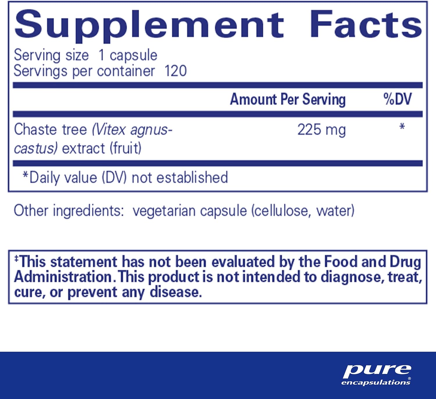 Pure Encapsulations Chaste Tree Vitex dietary supplement bottle with 120 capsules for hormonal balance and cycle comfort.