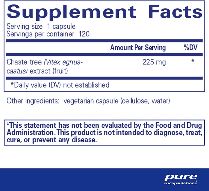 Pure Encapsulations Chaste Tree Vitex dietary supplement bottle with 120 capsules for hormonal balance and cycle comfort.