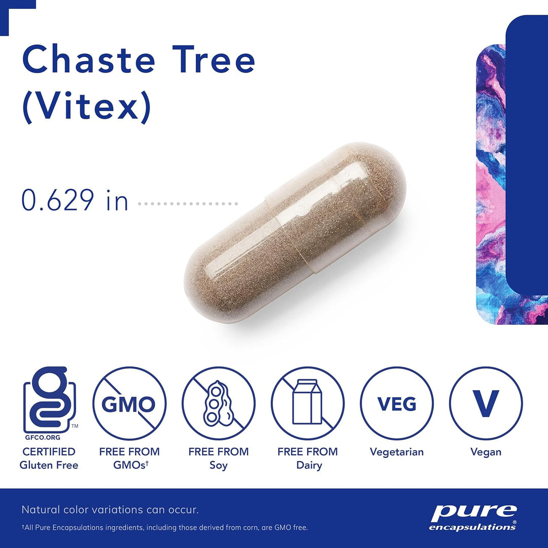 Pure Encapsulations Chaste Tree Vitex dietary supplement bottle with 120 capsules for hormonal balance and cycle comfort.