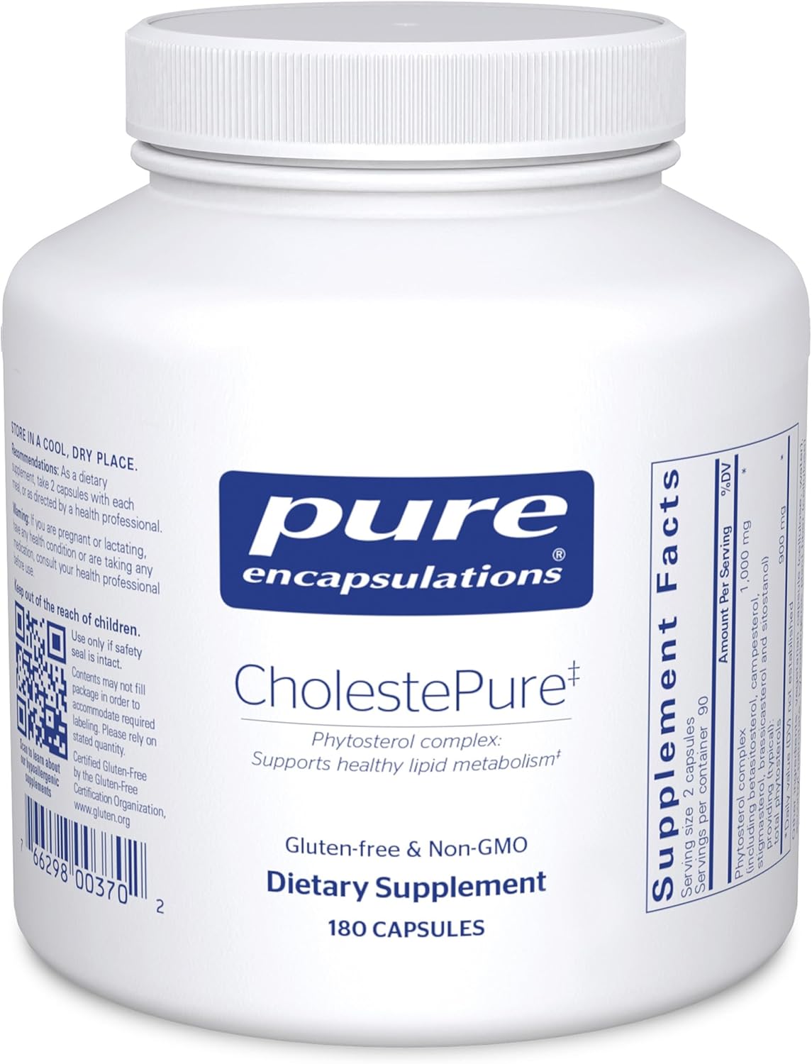Pure Encapsulations CholestePure dietary supplement bottle with 180 capsules, supports heart function and cardiovascular health.
