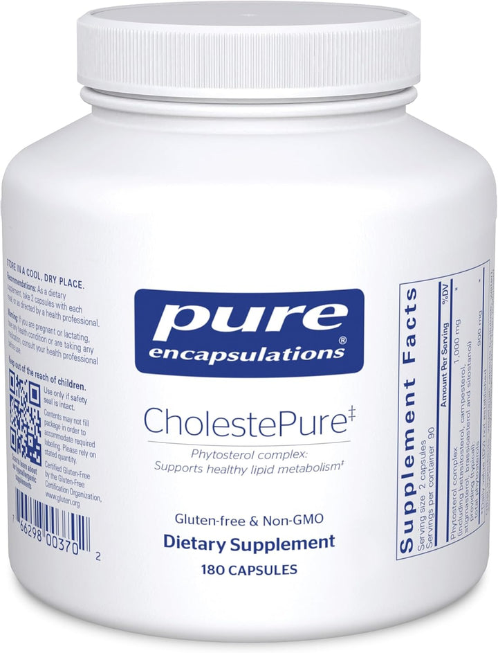 Pure Encapsulations CholestePure dietary supplement bottle with 180 capsules, supports heart function and cardiovascular health.