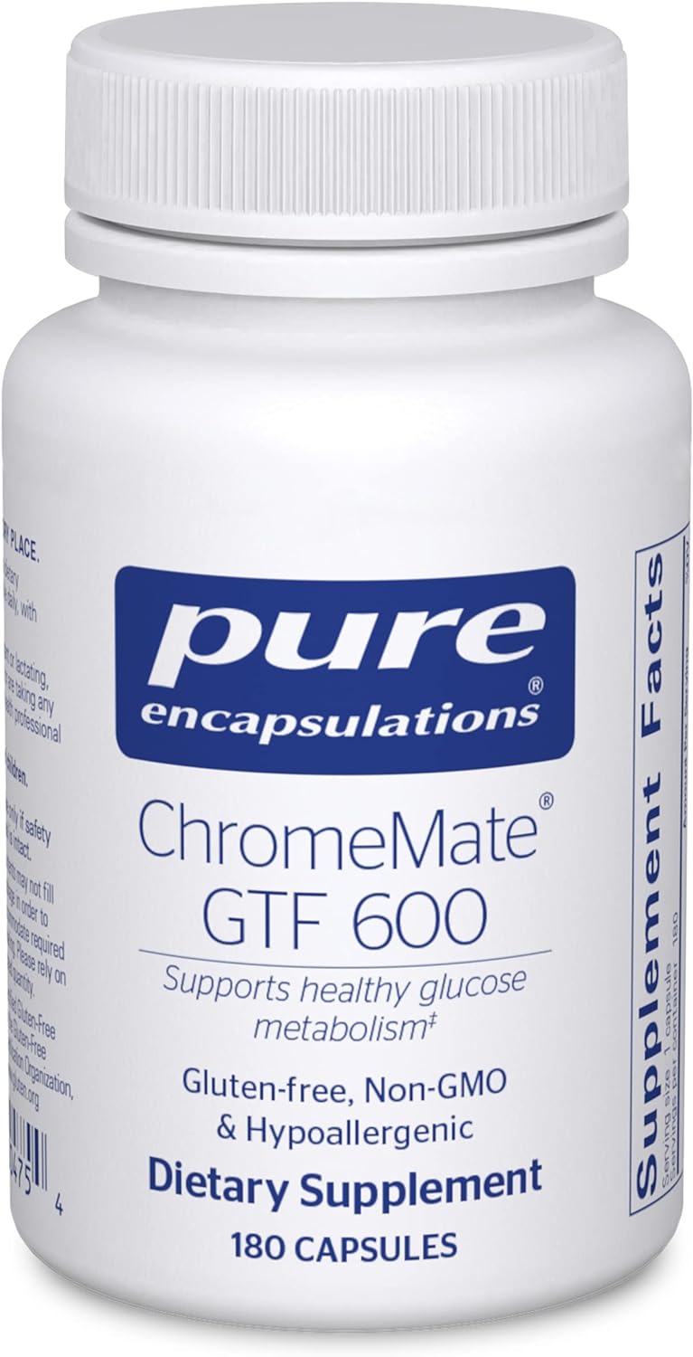 Pure Encapsulations ChromeMate GTF dietary supplement bottle with 180 capsules supporting metabolism and muscle health.