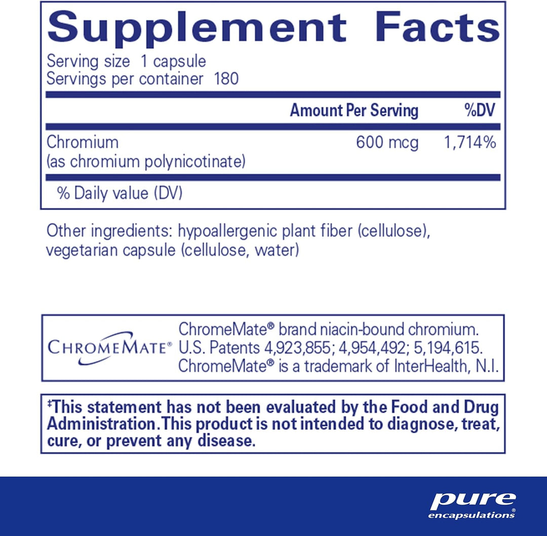 Pure Encapsulations ChromeMate GTF 600 dietary supplement bottle with 180 capsules, supporting metabolism and muscle health.