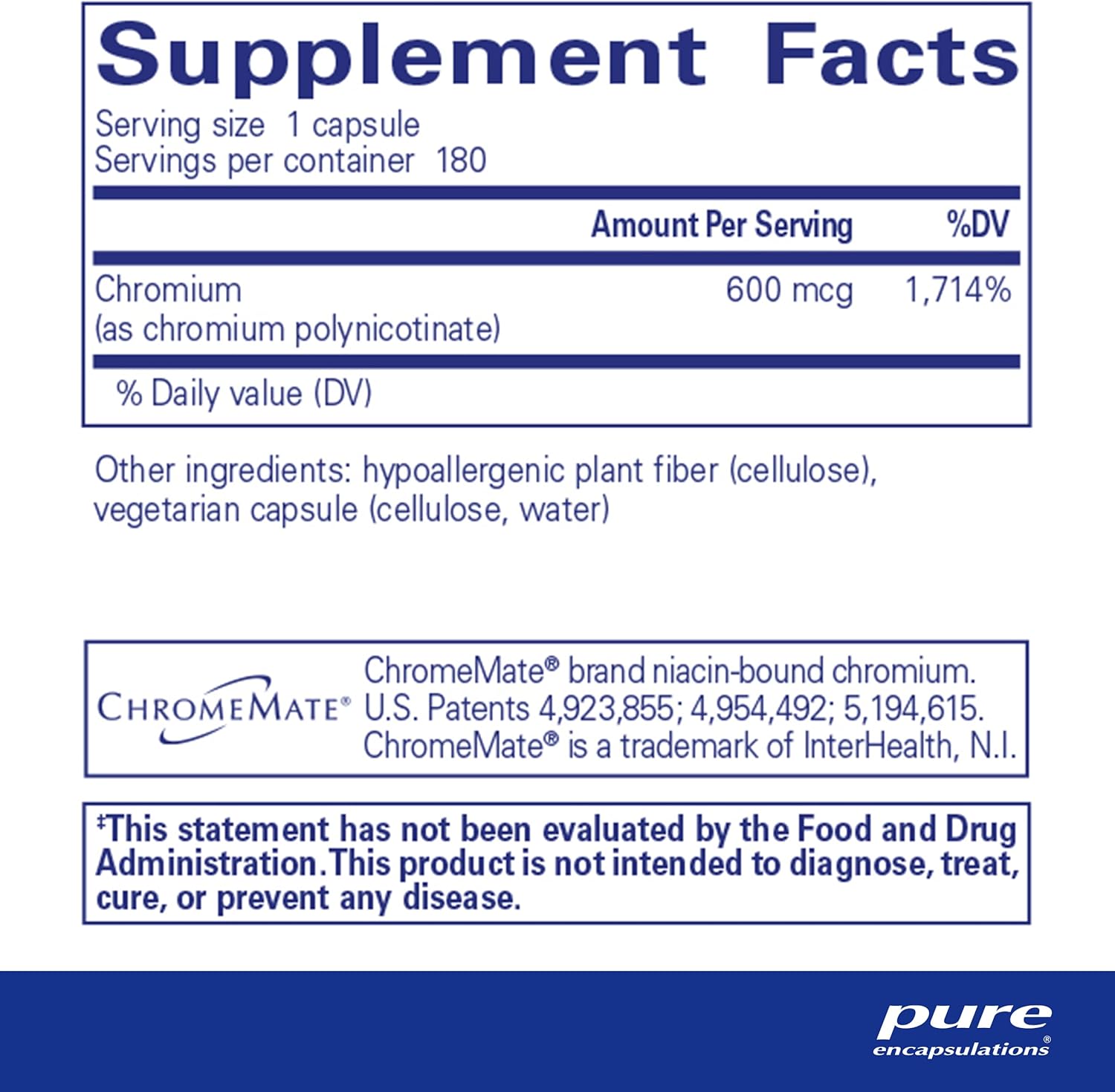 Pure Encapsulations ChromeMate GTF 600 dietary supplement bottle with 180 capsules for supporting metabolism and muscle health.