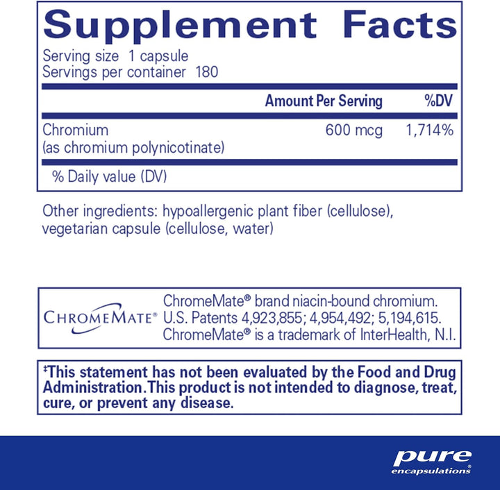 Pure Encapsulations ChromeMate GTF 600 dietary supplement bottle with 180 capsules, supporting metabolism and muscle health.
