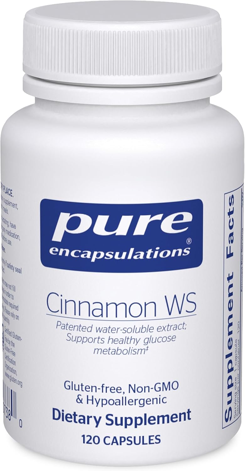 Pure Encapsulations Cinnamon WS dietary supplement bottle with 120 capsules, supporting metabolic balance.