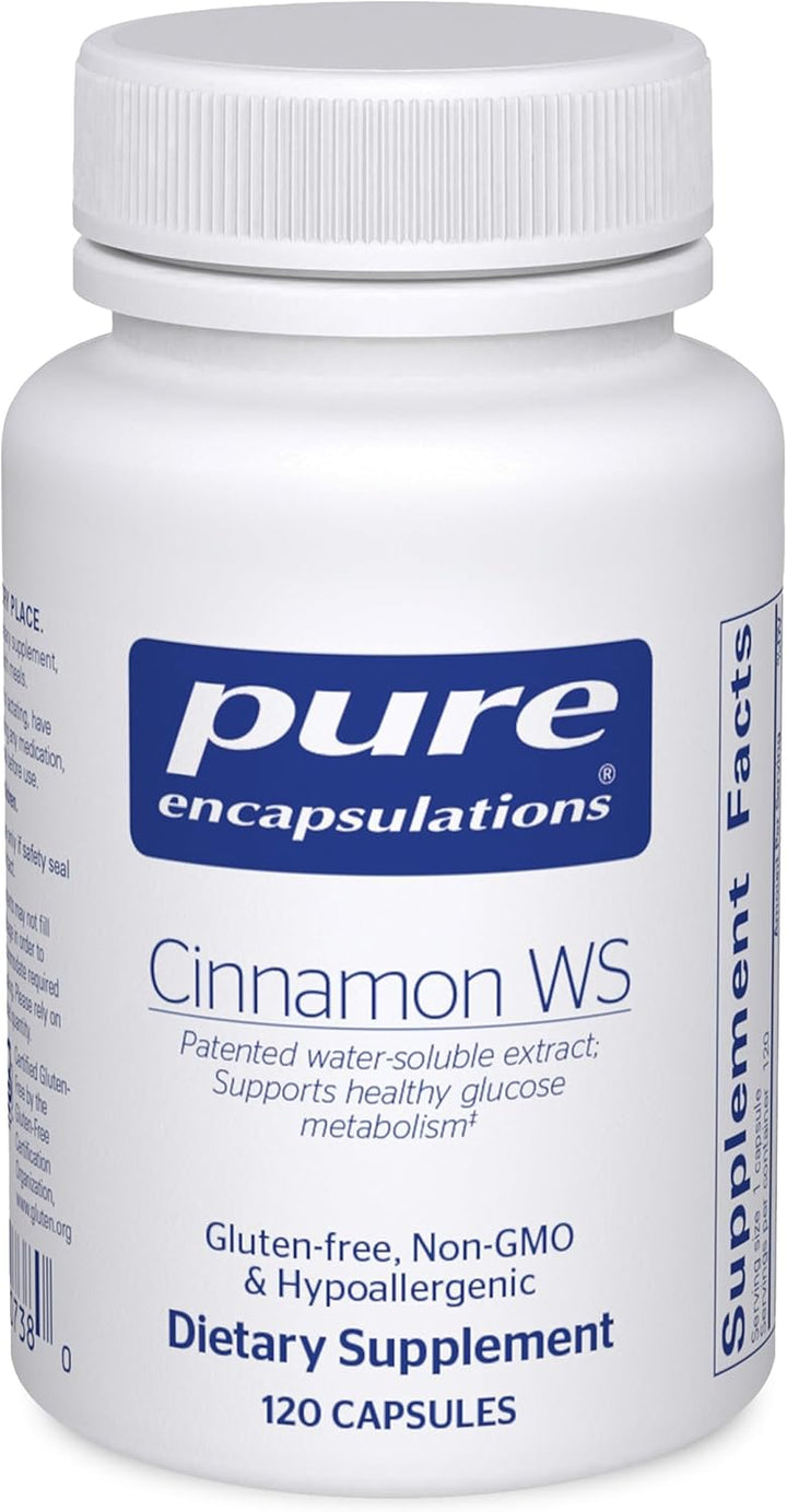 Pure Encapsulations Cinnamon WS dietary supplement bottle with 120 capsules for supporting metabolic balance.
