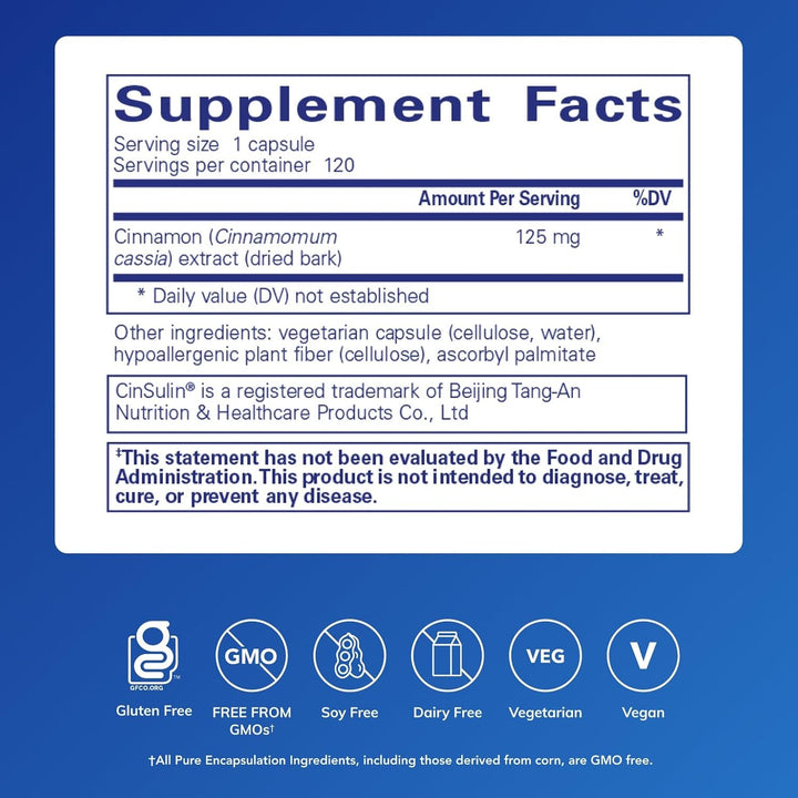 Pure Encapsulations Cinnamon WS dietary supplement bottle with 120 capsules for supporting metabolic balance.