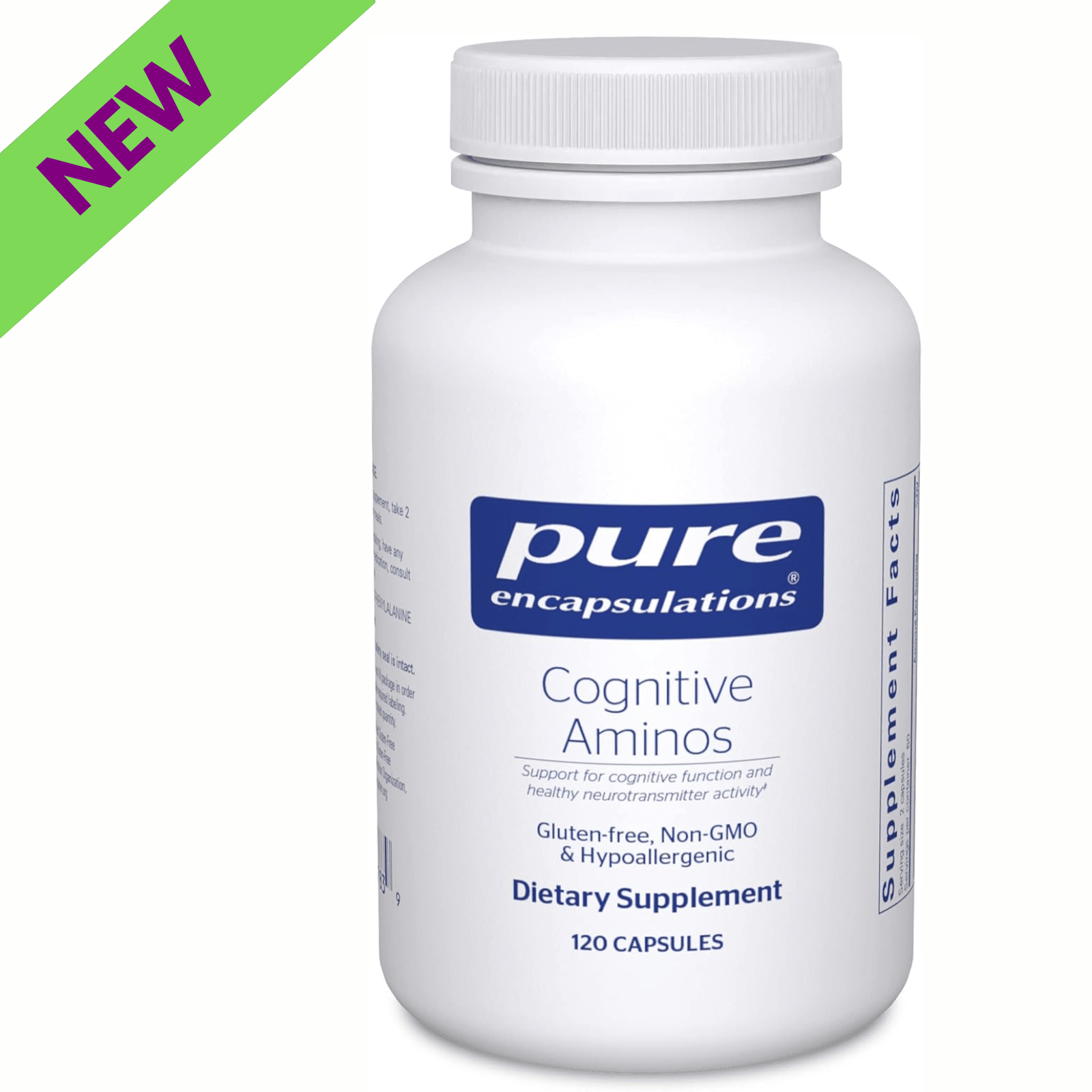 Pure Encapsulations Cognitive Aminos dietary supplement bottle with 120 capsules, supporting mental focus and clarity.