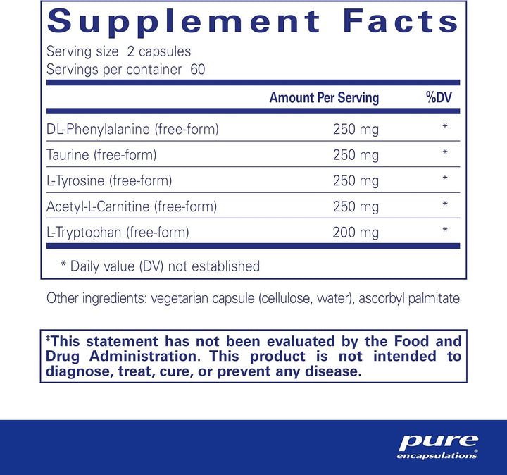 Pure Encapsulations Cognitive Aminos dietary supplement bottle with 120 caps, supporting mental focus and clarity.