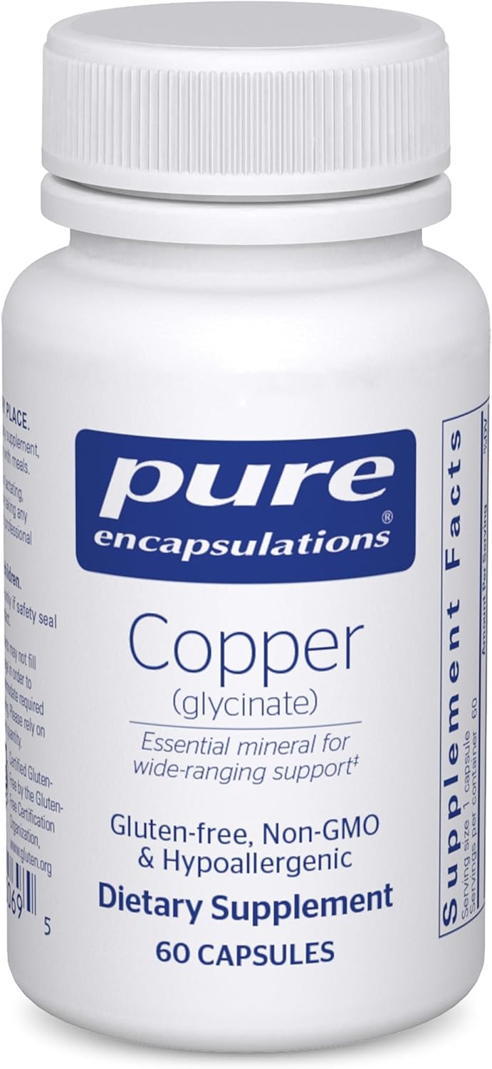 Bottle of Pure Encapsulations Copper Glycinate dietary supplement capsules supporting energy metabolism, 60 capsules.