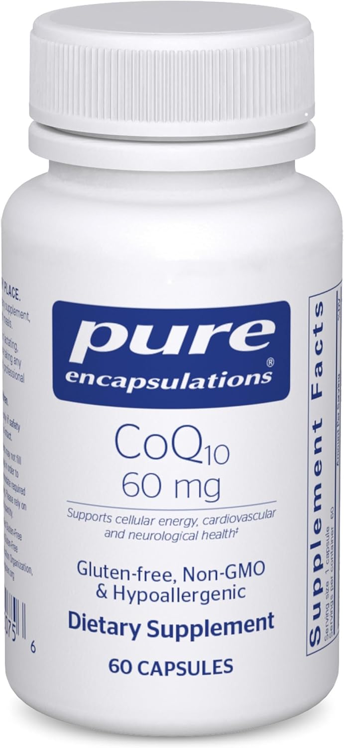 Pure Encapsulations CoQ10 60 mg dietary supplement capsules, natural supplement for energy support, 60 capsules in bottle.
