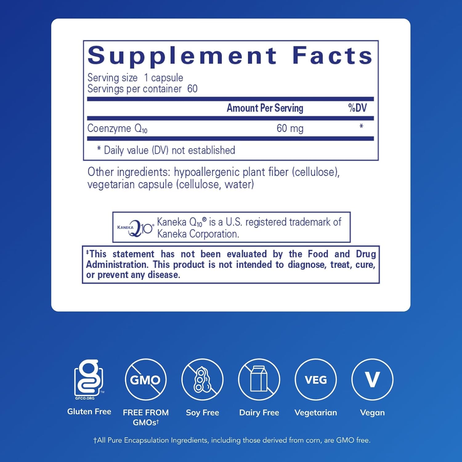 Pure Encapsulations CoQ10 60 mg dietary supplement in a bottle of 60 capsules, designed to support energy and cardiovascular health.