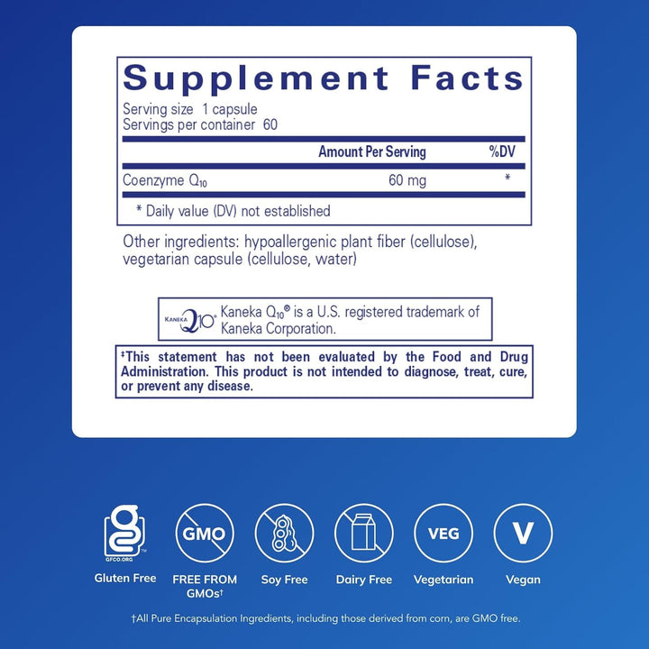 Pure Encapsulations CoQ10 60 mg dietary supplement in a bottle of 60 capsules, designed to support energy and cardiovascular health.