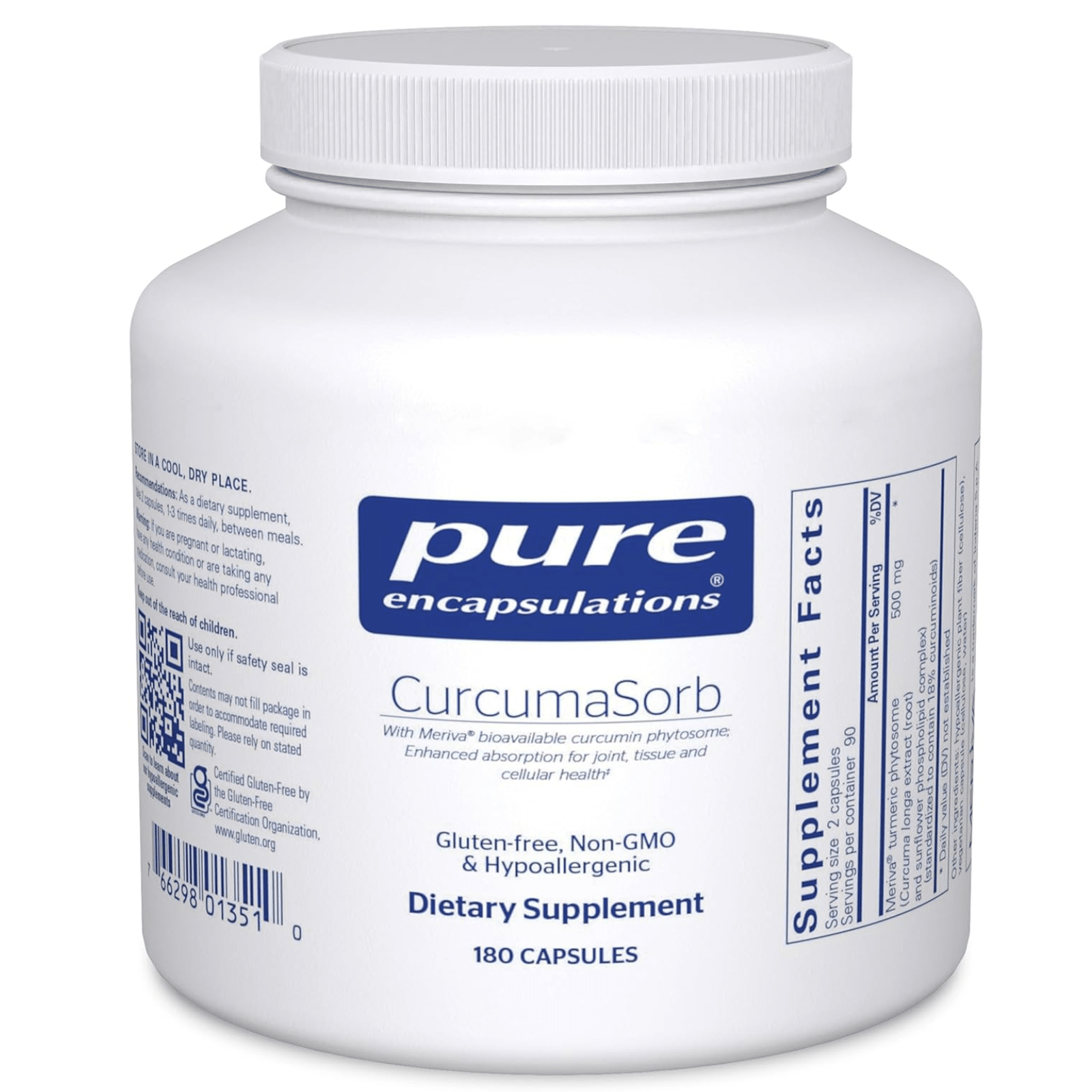 Pure Encapsulations CurcumaSorb Curcumin supplement with 180 capsules, dietary supplement for joint and inflammation support.