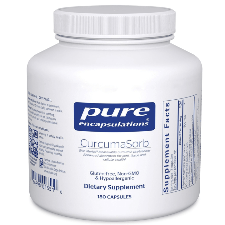 Pure Encapsulations CurcumaSorb Curcumin supplement with 180 capsules, dietary supplement for joint and inflammation support.