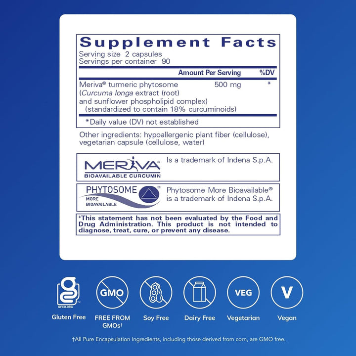 Pure Encapsulations CurcumaSorb Curcumin dietary supplement bottle with 180 capsules, natural health product for inflammation support.
