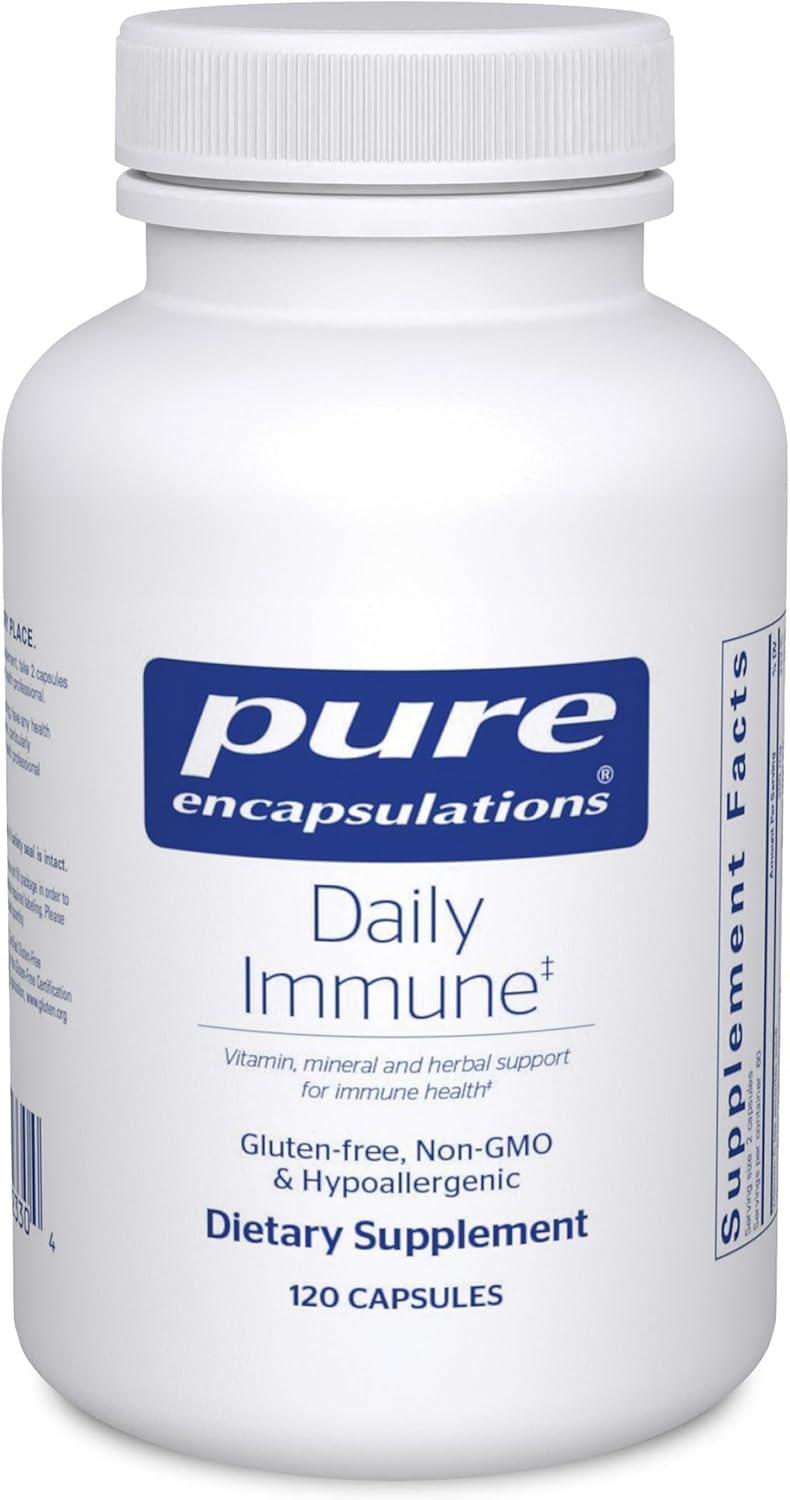 Pure Encapsulations Daily Immune Supports dietary supplement bottle with 120 capsules, designed for immune defense and overall wellness.