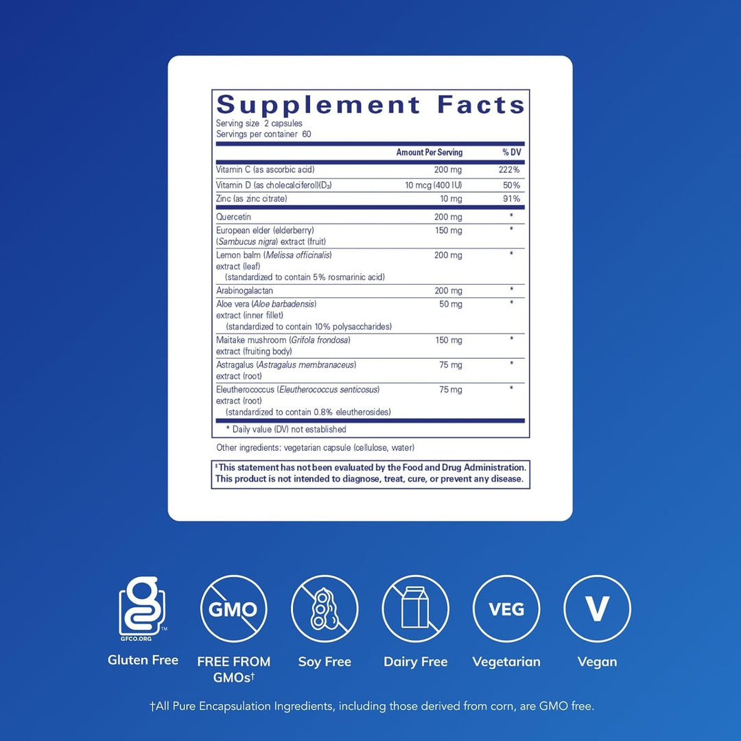 Pure Encapsulations Daily Immune Supports dietary supplement bottle with 120 capsules for immune defense and wellness.