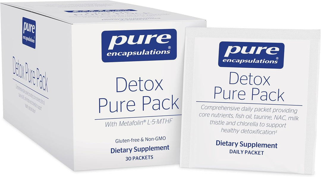 Pure Encapsulations Detox Pure Pack dietary supplement with 30 packets for daily cleanse support, featuring natural ingredients.