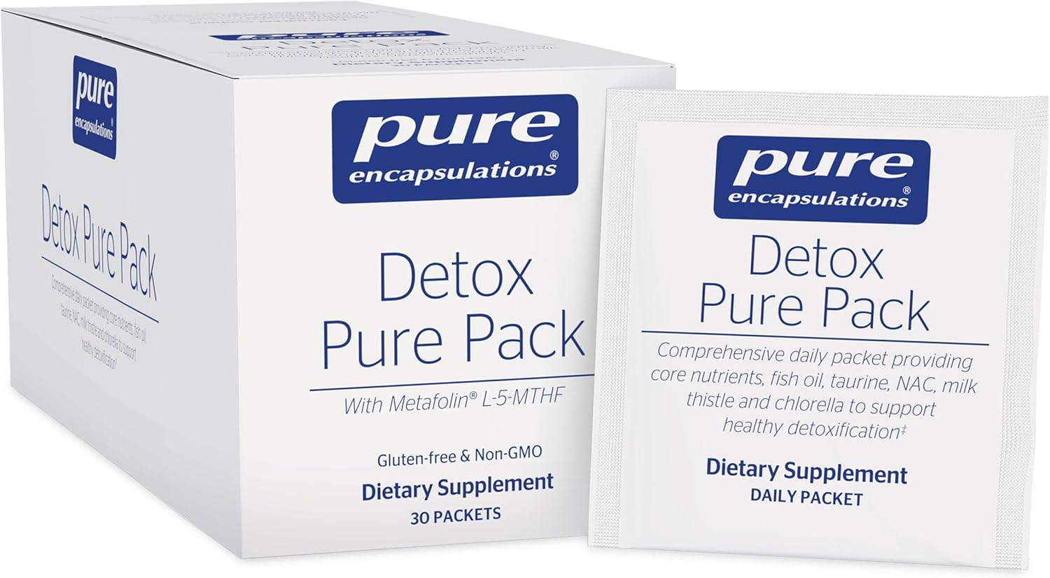 Pure Encapsulations Detox Pure Pack dietary supplement with 30 packets for daily cleanse support, featuring natural ingredients.