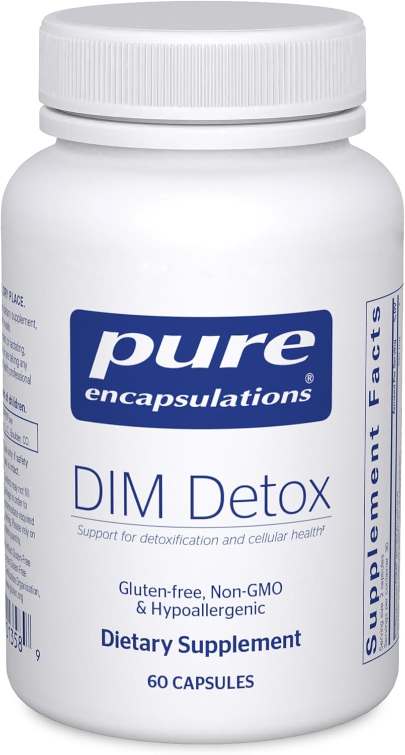 Pure Encapsulations DIM Detox Cellular Support supplement bottle with 60 capsules, showing the label and supplement capsules.