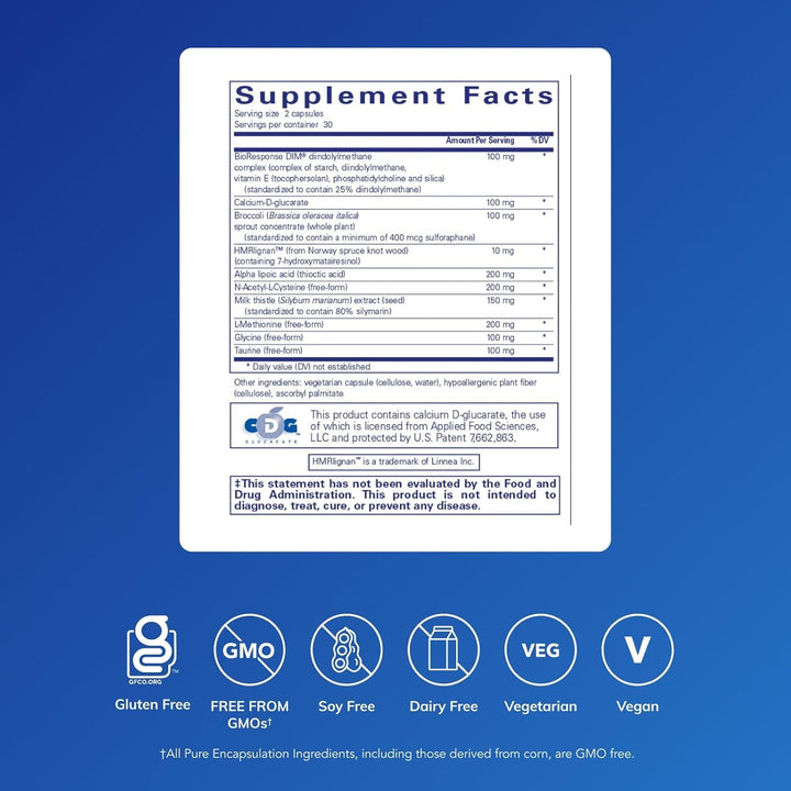 Pure Encapsulations DIM Detox Cellular Support supplement bottle with 60 capsules, dietary supplement for hormone balance and detox.