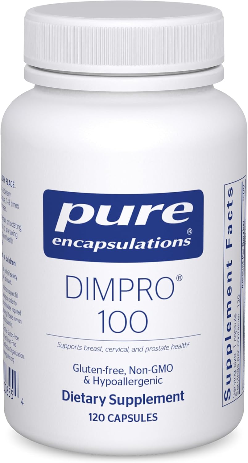 Pure Encapsulations DIMPRO 100 dietary supplement bottle with 120 vegan capsules for supporting cellular balance.
