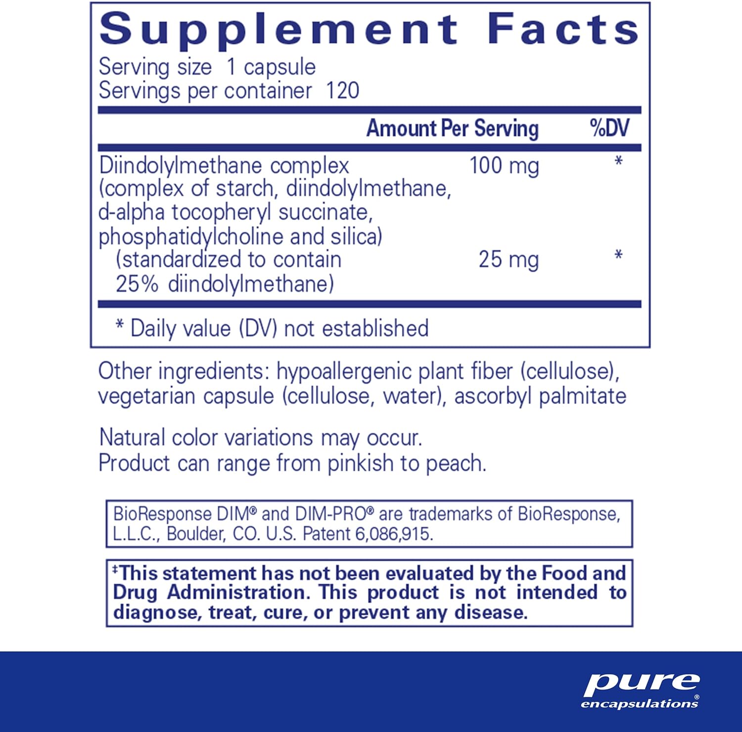 Pure Encapsulations DIMPRO 100 dietary supplement capsules for cellular balance, vegan, 120 capsules on a white background.