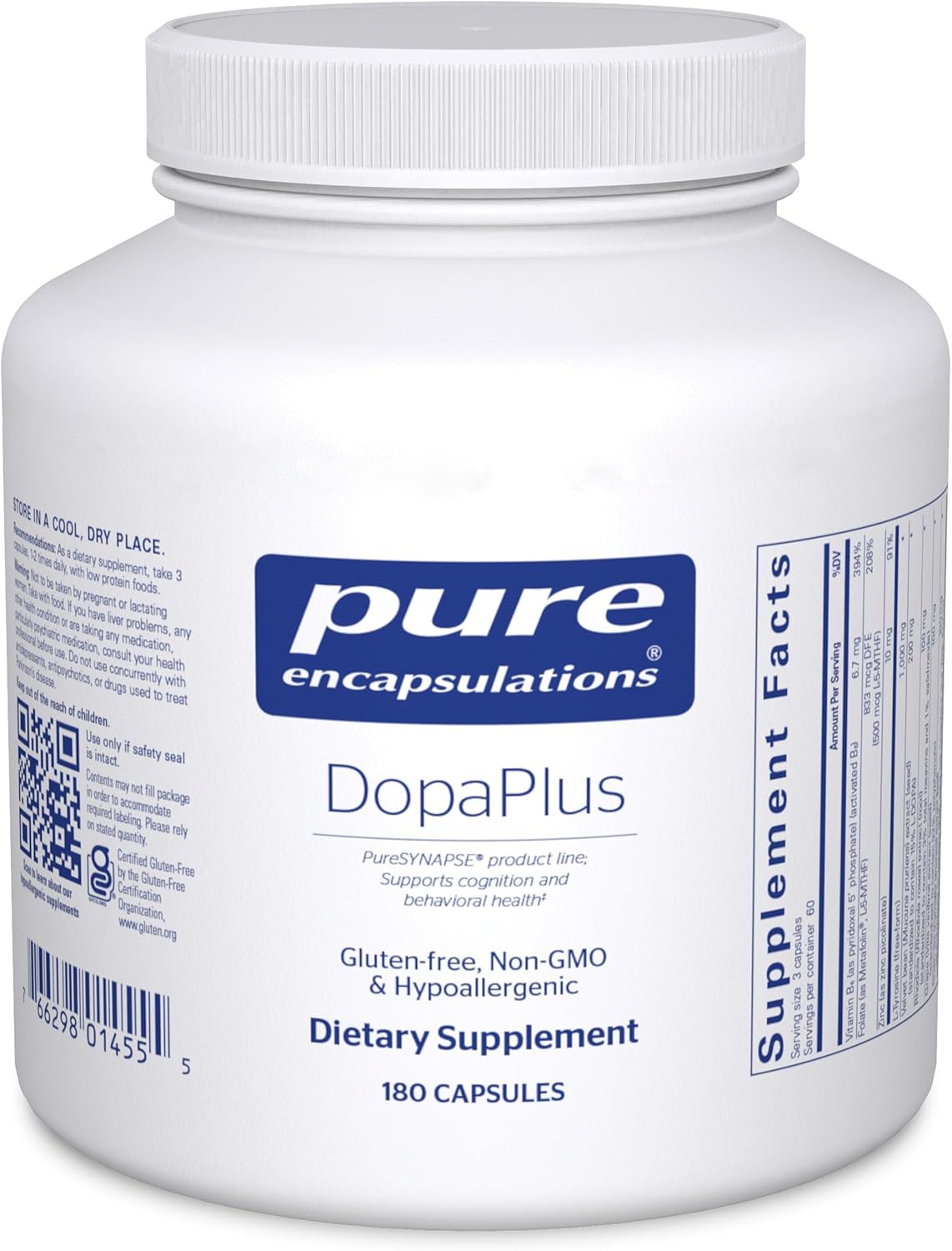 Pure Encapsulations DopaPlus brain support dietary supplement bottles with 180 capsules for cognitive health.