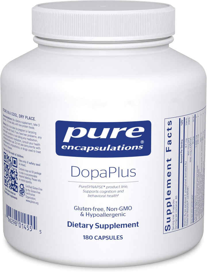 Pure Encapsulations DopaPlus brain support dietary supplement bottles with 180 capsules for cognitive health.
