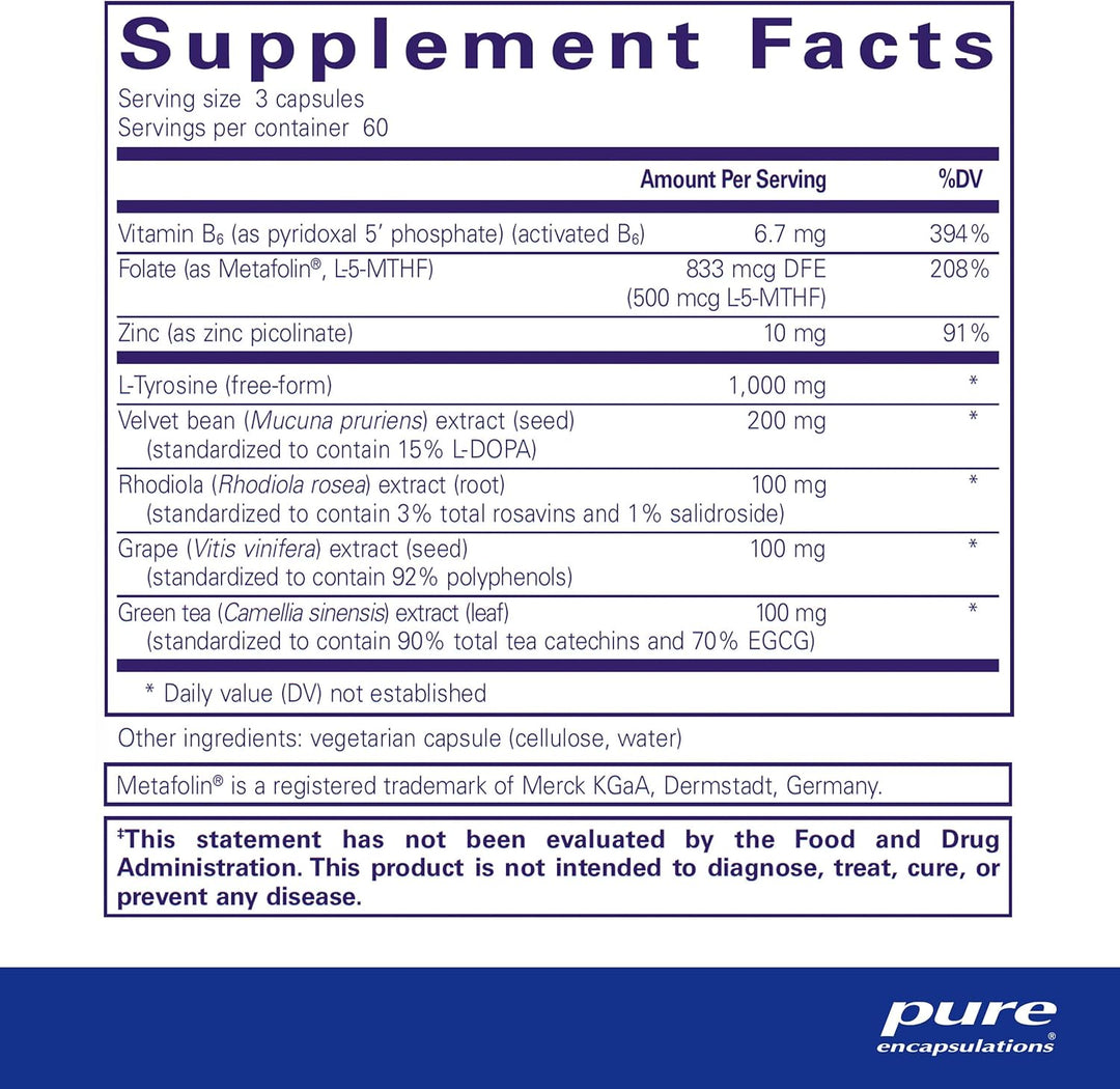 Pure Encapsulations DopaPlus brain support dietary supplement capsules in a bottle, designed to enhance cognitive function.