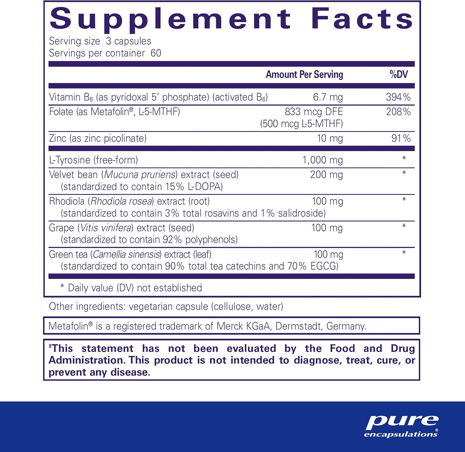Pure Encapsulations DopaPlus brain support dietary supplement capsules in a bottle, designed to enhance cognitive function.
