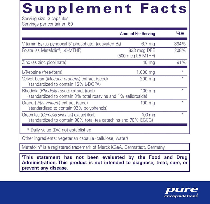 Pure Encapsulations DopaPlus brain support dietary supplement capsules in a bottle, designed to enhance cognitive function.